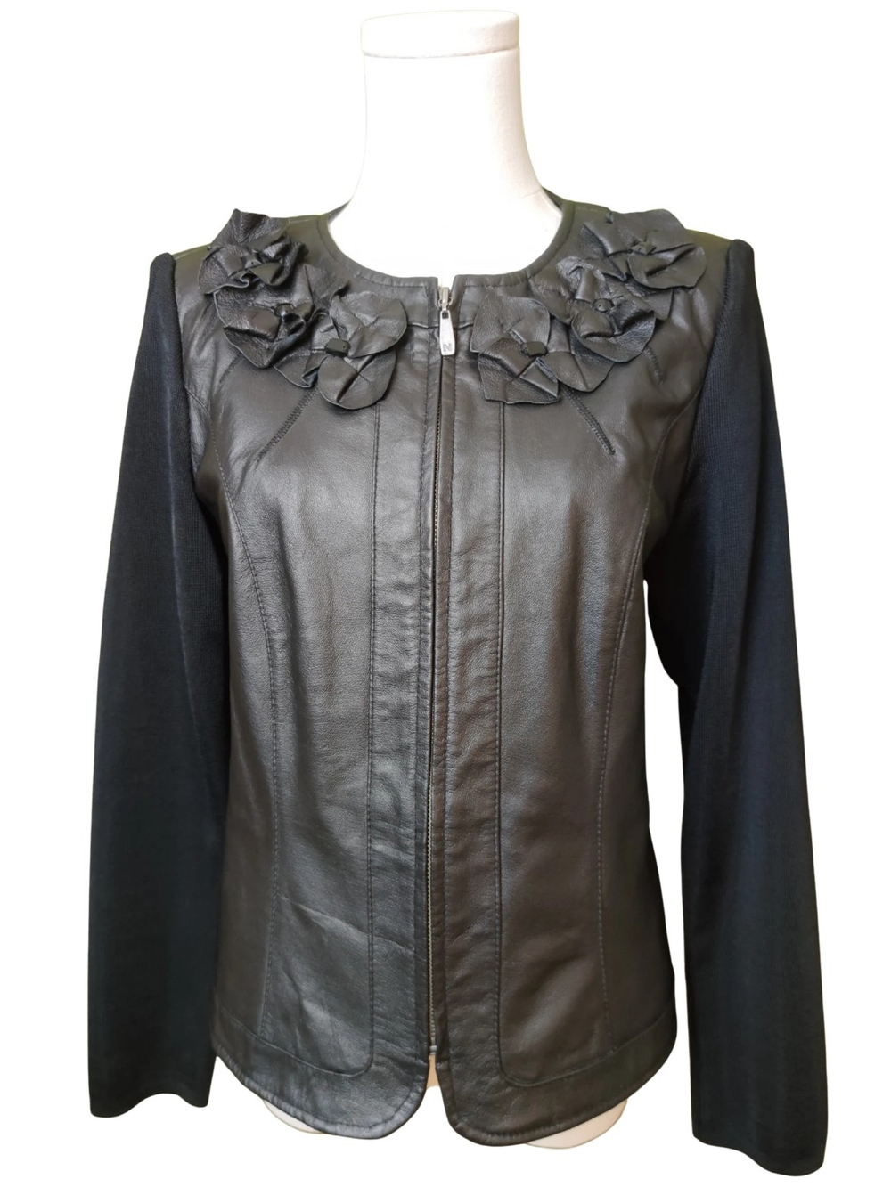 Peter Nygard Black Leather Jacket with Floral Appliqué